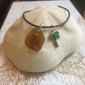 Brown Cord 8" Bracelet/Anklet w/Sea Glass & Palm